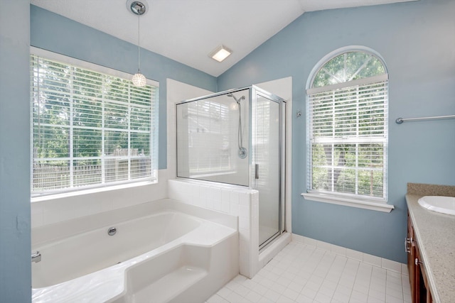 4610 Mulberry Creek Dr, Evans, GA 30809 - full bath with a garden tub, vanity, plenty of natural light, lofted ceiling, and a stall shower