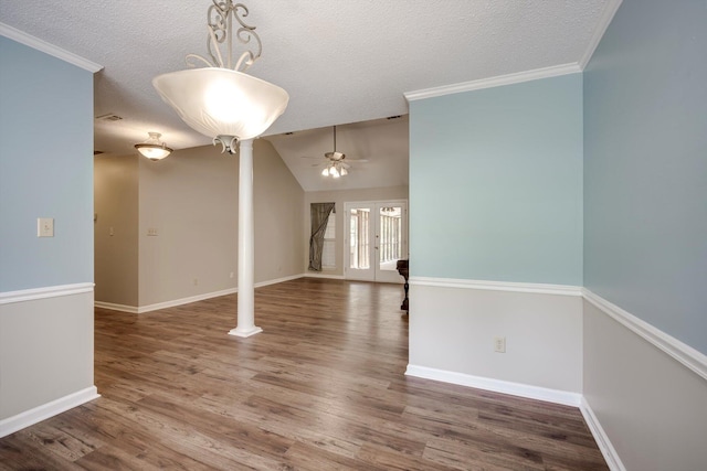 4610 Mulberry Creek Dr, Evans, GA 30809 - unfurnished room featuring a textured ceiling, ceiling fan, wood finished floors, lofted ceiling, and crown molding