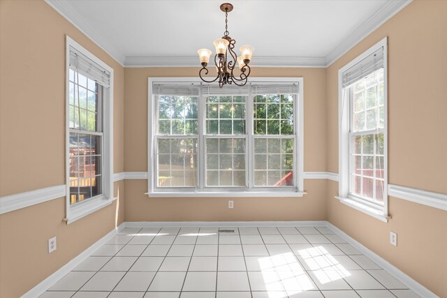 4942 Marble Dr, Evans, GA 30809 - unfurnished dining area with crown molding, plenty of natural light, visible vents, and a chandelier