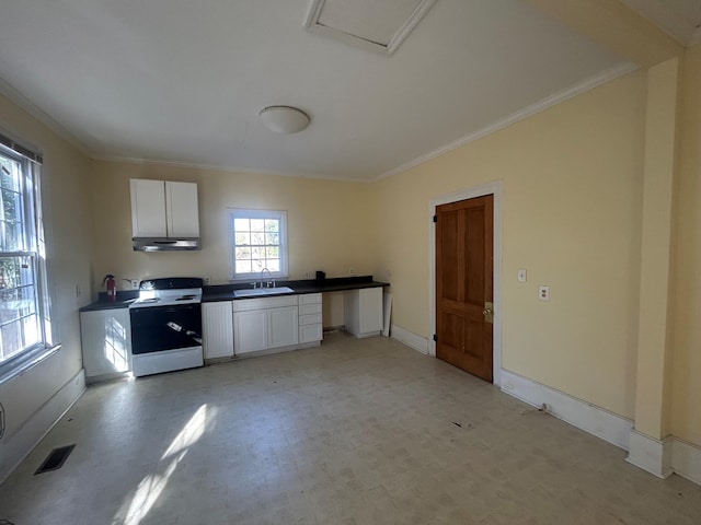 kitchen featuring white cabinets, electric range, ornamental molding, and sink