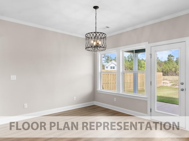 unfurnished dining area with a chandelier, hardwood / wood-style flooring, and crown molding