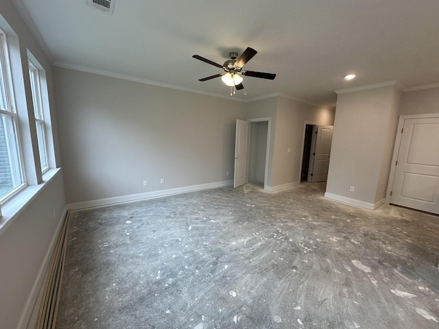 unfurnished bedroom featuring visible vents, baseboards, a ceiling fan, and crown molding