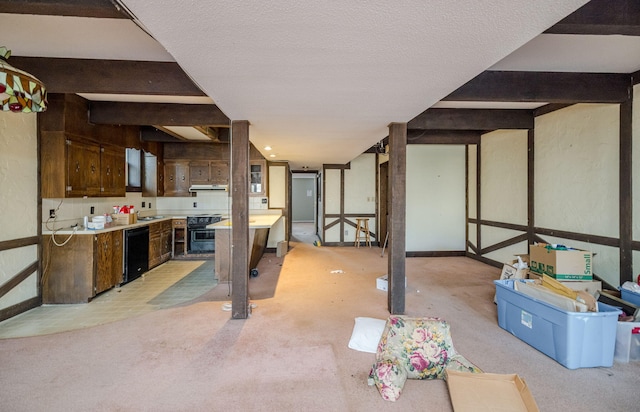 finished basement featuring baseboards, a textured ceiling, and light colored carpet