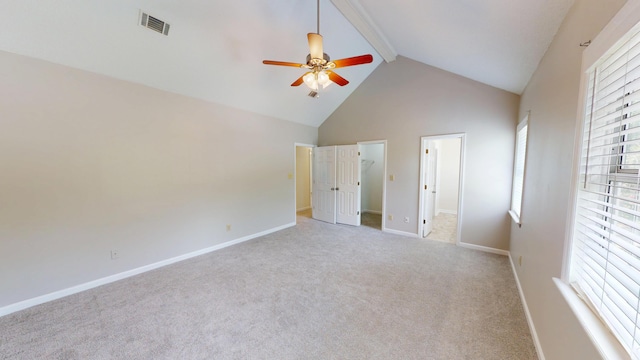 3904 Loblolly Trl, Martinez, GA 30907 - unfurnished bedroom featuring beam ceiling, high vaulted ceiling, a spacious closet, carpet, and ceiling fan