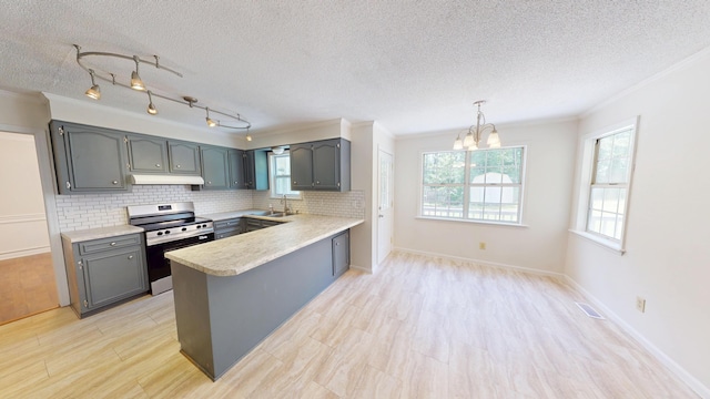 3904 Loblolly Trl, Martinez, GA 30907 - kitchen featuring stainless steel electric stove, a peninsula, a textured ceiling, light countertops, and gray cabinets