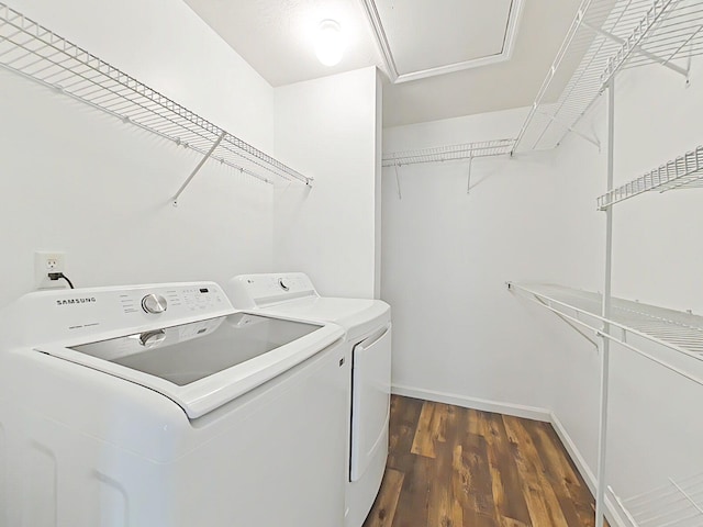 9025 Baker Ct, Augusta, GA 30909 - washroom featuring separate washer and dryer, dark wood finished floors, and baseboards