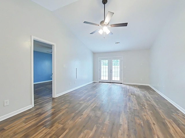 9025 Baker Ct, Augusta, GA 30909 - unfurnished room with vaulted ceiling, french doors, dark wood finished floors, baseboards, and ceiling fan