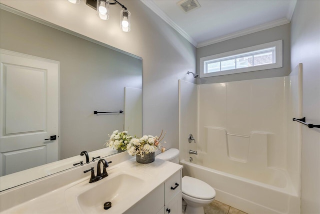 bathroom featuring visible vents, ornamental molding, toilet, vanity, and shower / tub combination