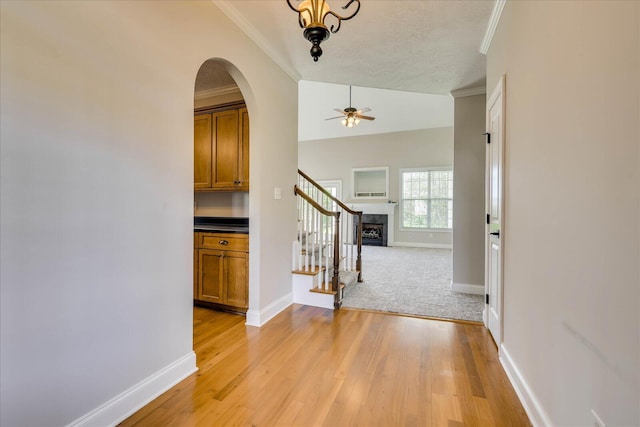 corridor featuring arched walkways, crown molding, baseboards, and light wood-type flooring