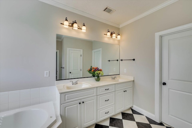 bathroom featuring a sink, visible vents, tile patterned floors, and crown molding