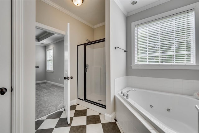 bathroom with baseboards, ornamental molding, a whirlpool tub, tile patterned floors, and a stall shower