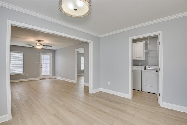 2120 Whitney S Dr, Augusta, GA 30904 - unfurnished living room featuring washing machine and dryer, light wood finished floors, a ceiling fan, and ornamental molding
