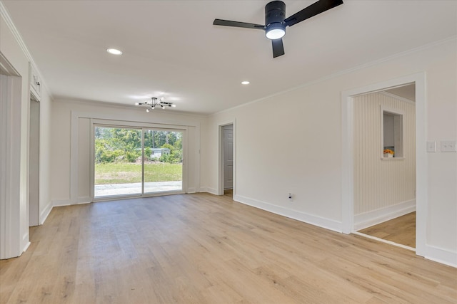 2281 Raleigh Dr, Augusta, GA 30904 - empty room featuring ornamental molding, light wood-style flooring, ceiling fan, baseboards, and recessed lighting