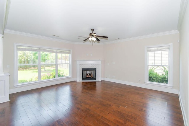 322 Pump House Rd, Evans, GA 30809 - unfurnished living room featuring ceiling fan, dark wood-type flooring, a fireplace with flush hearth, and crown molding