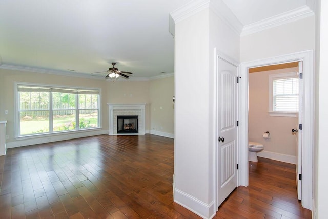 322 Pump House Rd, Evans, GA 30809 - unfurnished living room with ceiling fan, dark wood-type flooring, crown molding, and a brick fireplace