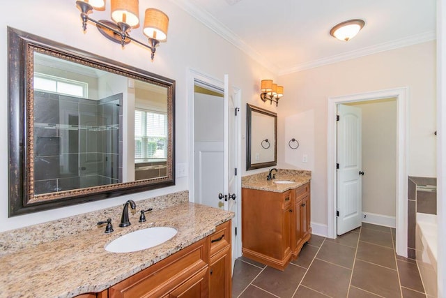 322 Pump House Rd, Evans, GA 30809 - bathroom featuring ornamental molding, two vanities, a stall shower, a bathtub, and tile patterned floors