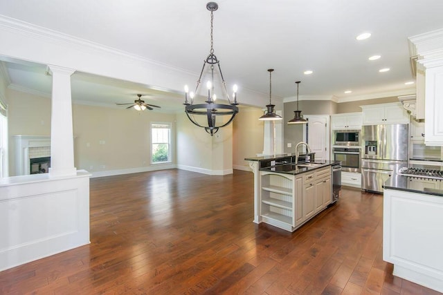 322 Pump House Rd, Evans, GA 30809 - kitchen featuring decorative columns, dark countertops, appliances with stainless steel finishes, open shelves, and recessed lighting