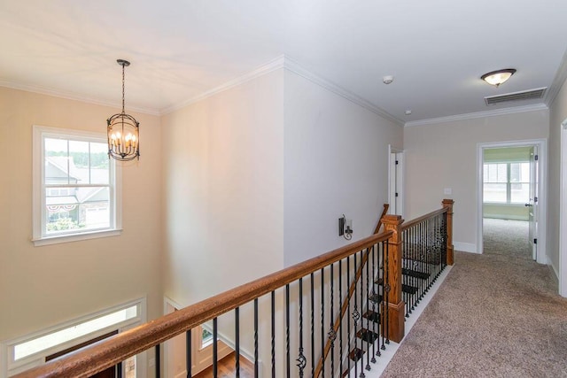 322 Pump House Rd, Evans, GA 30809 - hallway with an upstairs landing, a chandelier, ornamental molding, and carpet floors