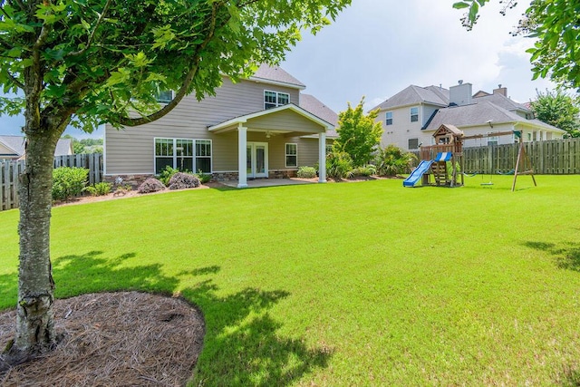 322 Pump House Rd, Evans, GA 30809 - back of house with a playground, a patio area, stone siding, french doors, and ceiling fan