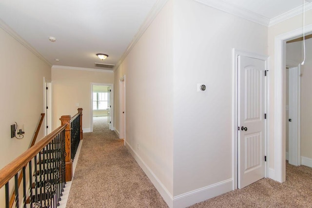 322 Pump House Rd, Evans, GA 30809 - hall featuring light carpet, crown molding, and an upstairs landing