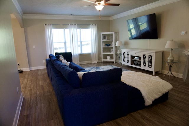 4042 Cottingham Way, Augusta, GA 30909 - living room featuring a ceiling fan, baseboards, wood finished floors, and ornamental molding