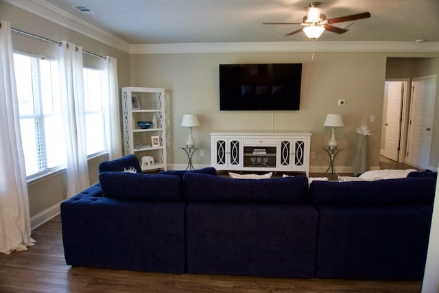 4042 Cottingham Way, Augusta, GA 30909 - living room featuring wood finished floors, crown molding, baseboards, and ceiling fan