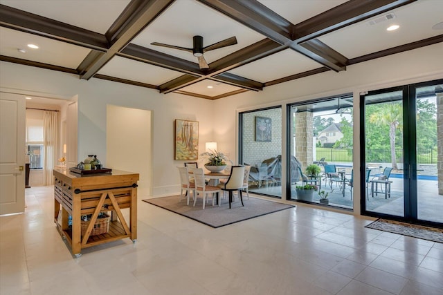 dining room featuring coffered ceiling, recessed lighting, visible vents, and beamed ceiling