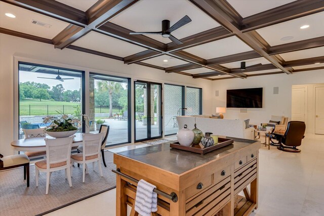 dining room with coffered ceiling, beamed ceiling, and ceiling fan