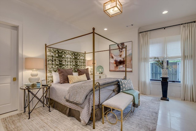 tiled bedroom featuring visible vents and recessed lighting