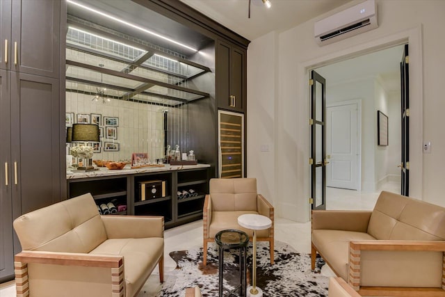 living area with wine cooler, an AC wall unit, and a bar