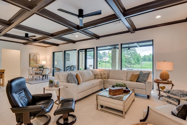 living room with light carpet, coffered ceiling, beam ceiling, and recessed lighting