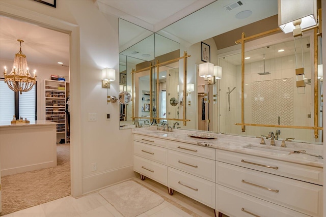 full bathroom with a stall shower, visible vents, a sink, and double vanity