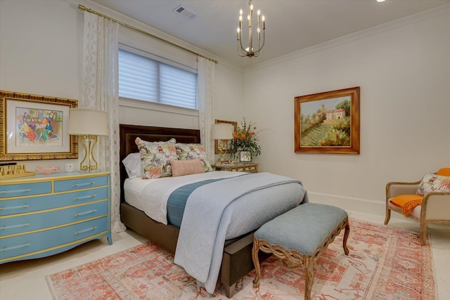 bedroom with a chandelier, visible vents, crown molding, and baseboards