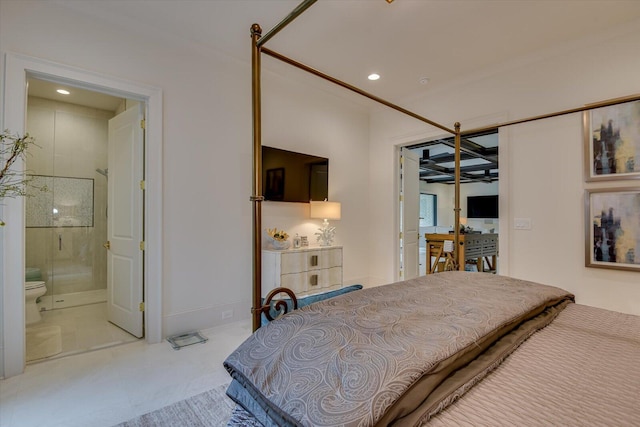 bedroom with tile patterned floors, ensuite bath, and recessed lighting