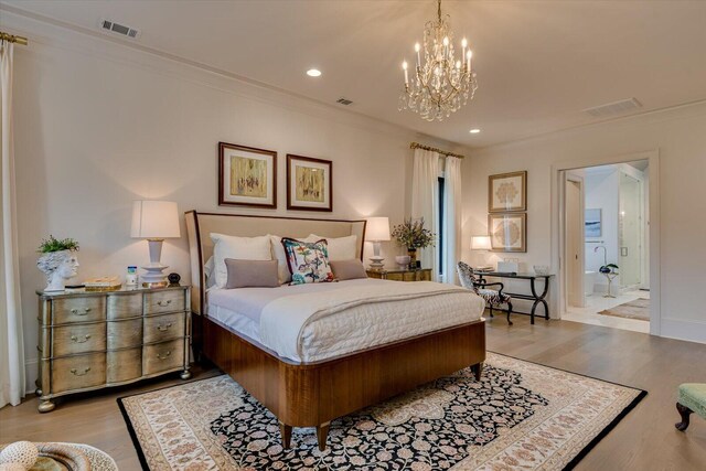 bedroom with crown molding, visible vents, wood finished floors, and recessed lighting