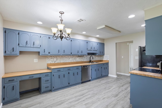 305 Manchester Ct, Grovetown, GA 30813 - kitchen with appliances with stainless steel finishes, blue cabinets, decorative backsplash, a sink, and recessed lighting
