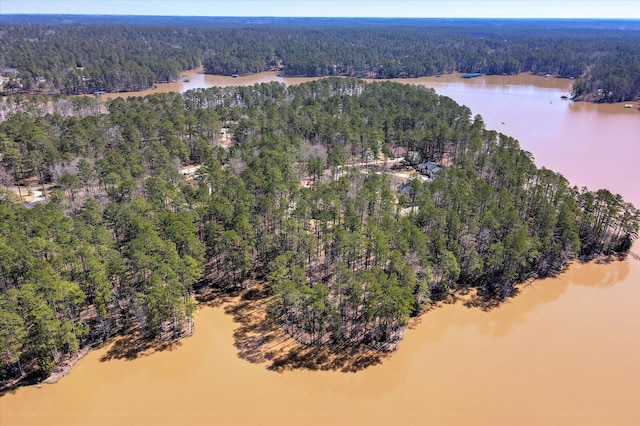 aerial view featuring a forest view and a water view