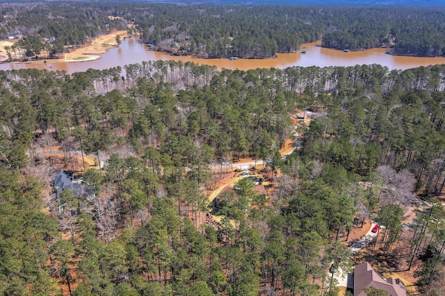 drone / aerial view with a view of trees and a water view