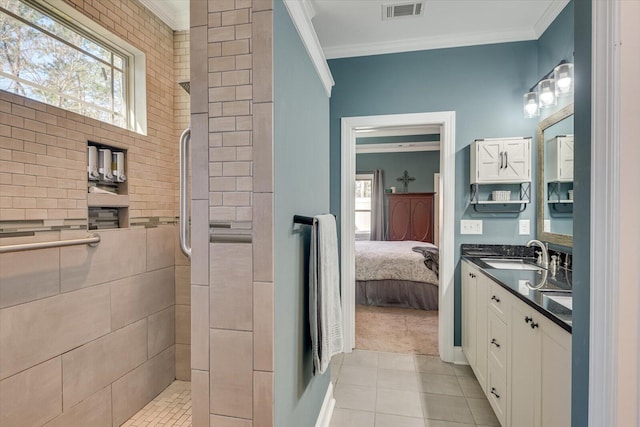 full bathroom with connected bathroom, crown molding, and a walk in shower