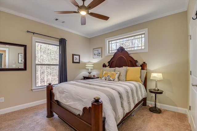 bedroom featuring carpet flooring, baseboards, crown molding, and visible vents