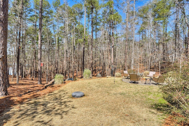 view of yard featuring a forest view