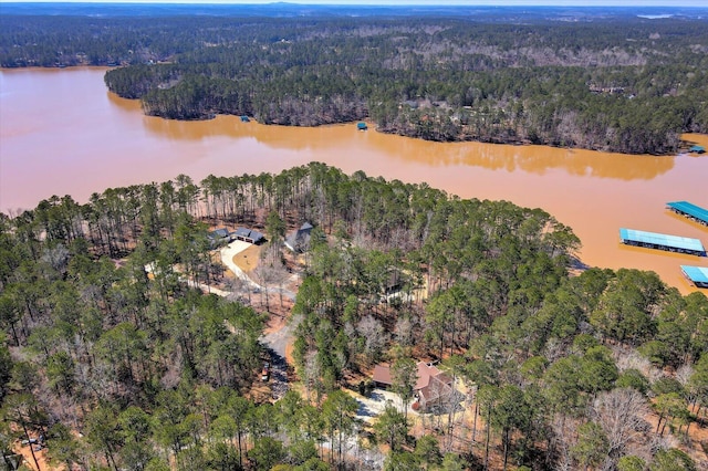 aerial view featuring a forest view and a water view