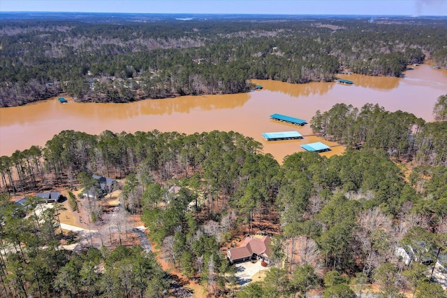 drone / aerial view with a forest view and a water view