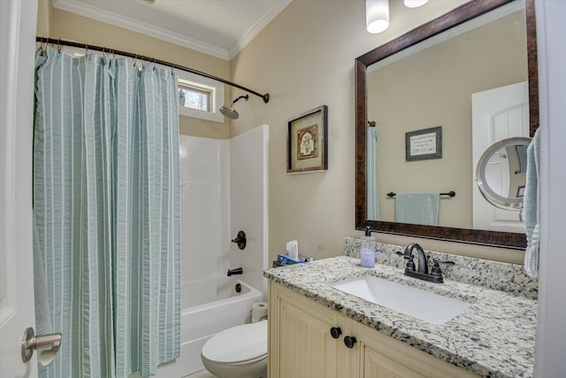 bathroom featuring vanity, toilet, crown molding, and shower / bath combo