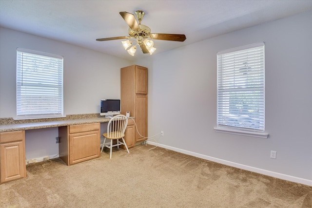 307 Candlewood Dr, Martinez, GA 30907 - office area with light carpet, baseboards, ceiling fan, and built in desk