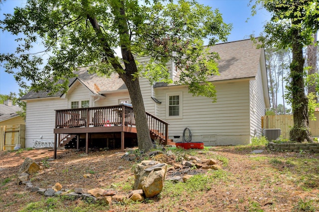 back of house with a deck, stairs, roof with shingles, and central AC