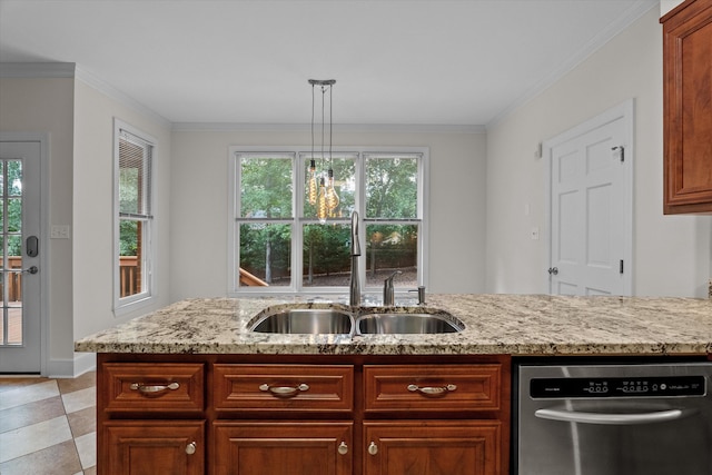 kitchen with dishwasher, a sink, light stone countertops, ornamental molding, and decorative light fixtures