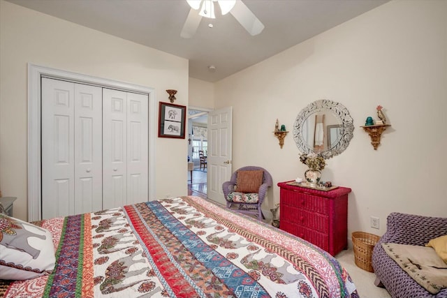 bedroom featuring a closet, carpet floors, and ceiling fan