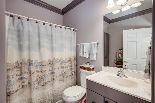 bathroom with vanity, crown molding, toilet, and a shower with shower curtain