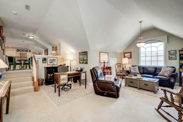 carpeted living area featuring stairs, lofted ceiling, and visible vents